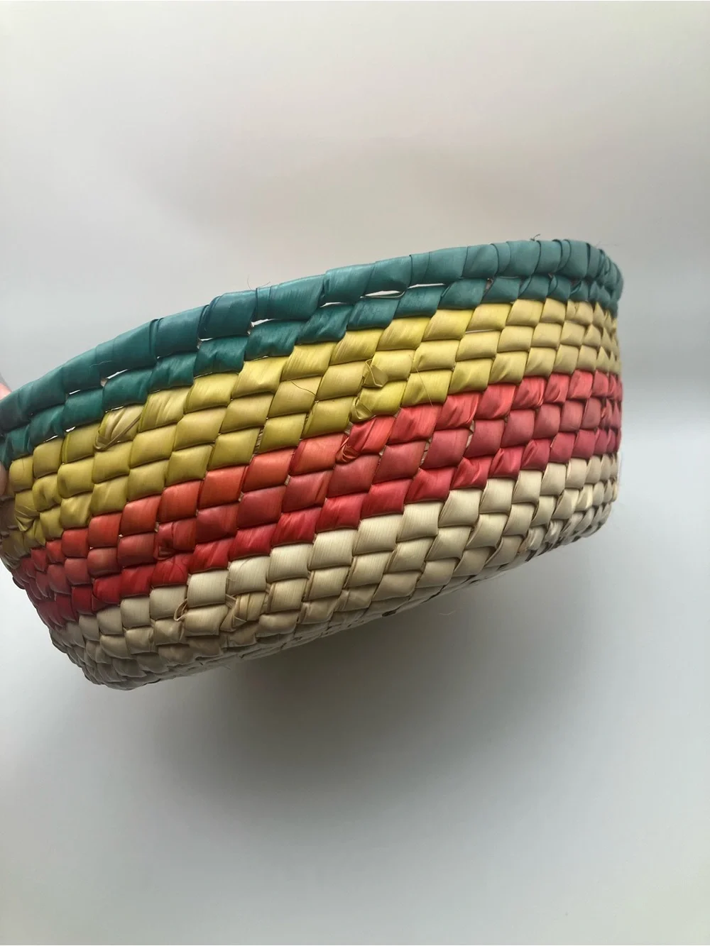 Handwoven Multi-Color Decorative Woven Basket - Natural, Teal, Yellow, Coral